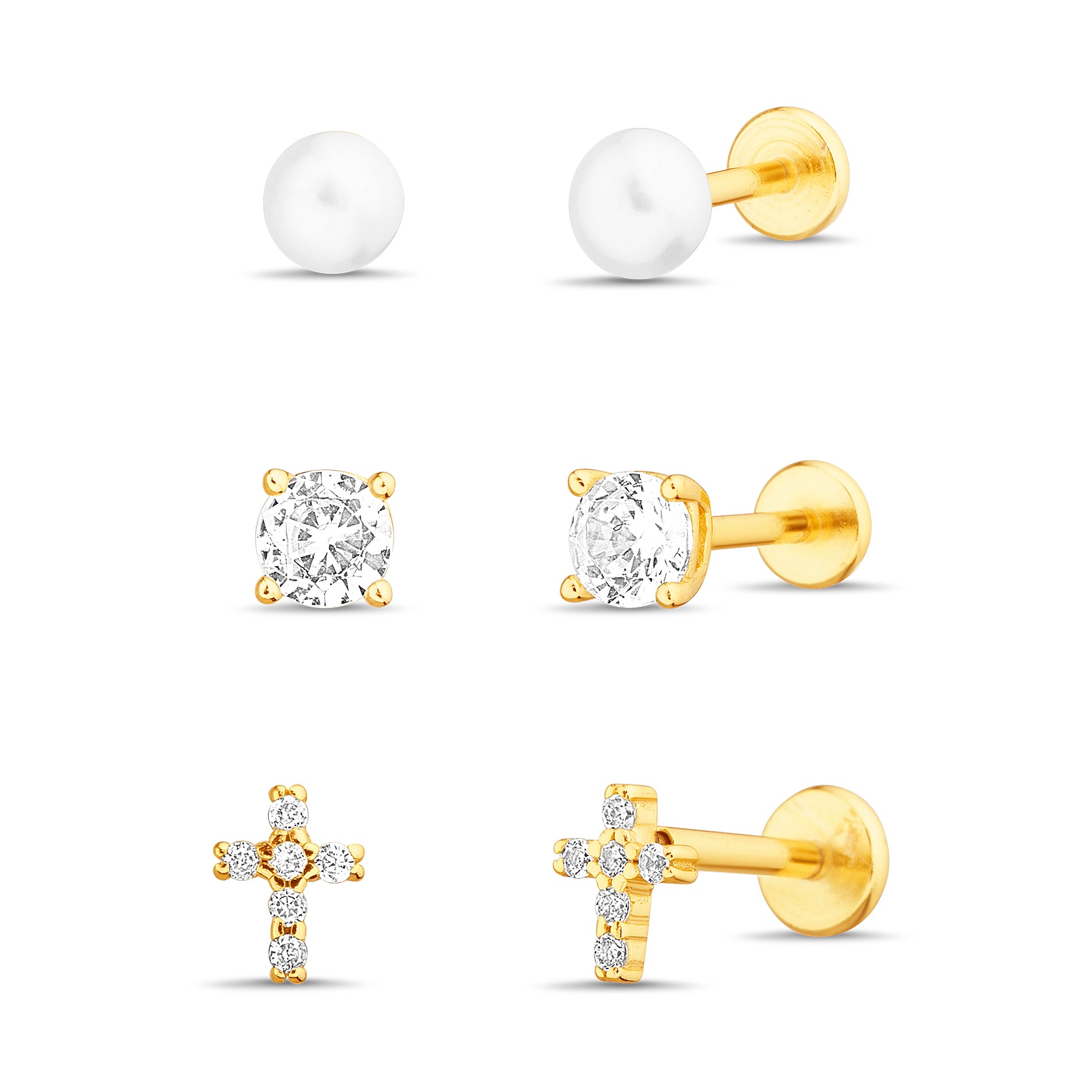Gold Comfort Earrings Set - Pearl, Stud, & Cross